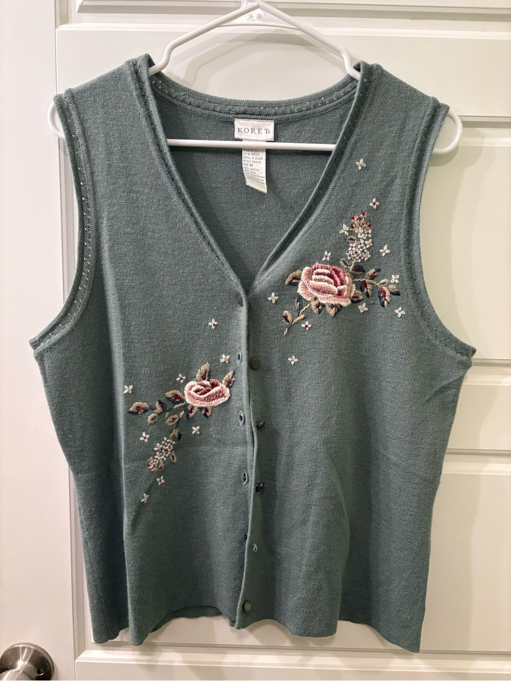 Vintage Koret Olive Green Knit Button Vest with Floral Embroidery